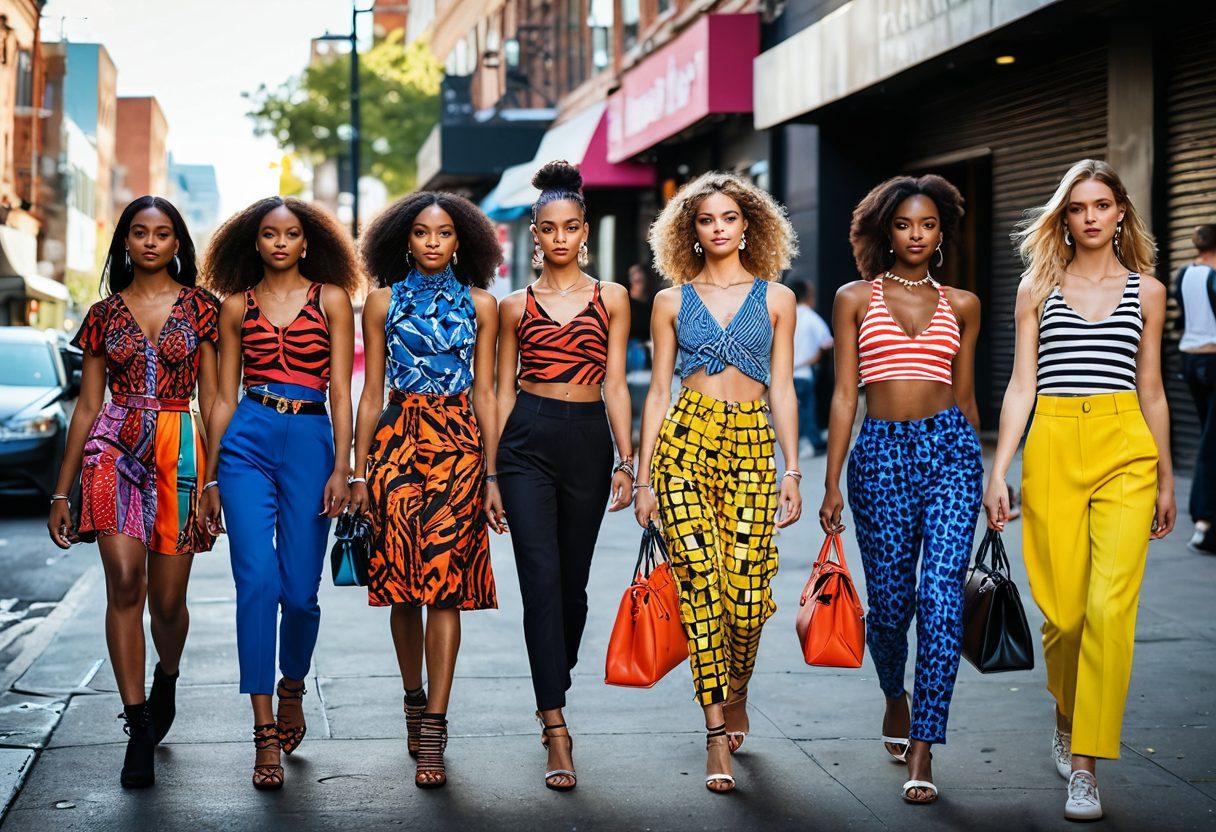 A vibrant fashion scene showcasing a diverse group of models wearing playful and trendy outfits in a lively urban setting. Include bold patterns, bright colors, and eclectic accessories, capturing a sense of joy and creativity. The background features trendy fashion boutiques and street art, with sunlight casting dynamic shadows. super-realistic. vibrant colors. urban background.