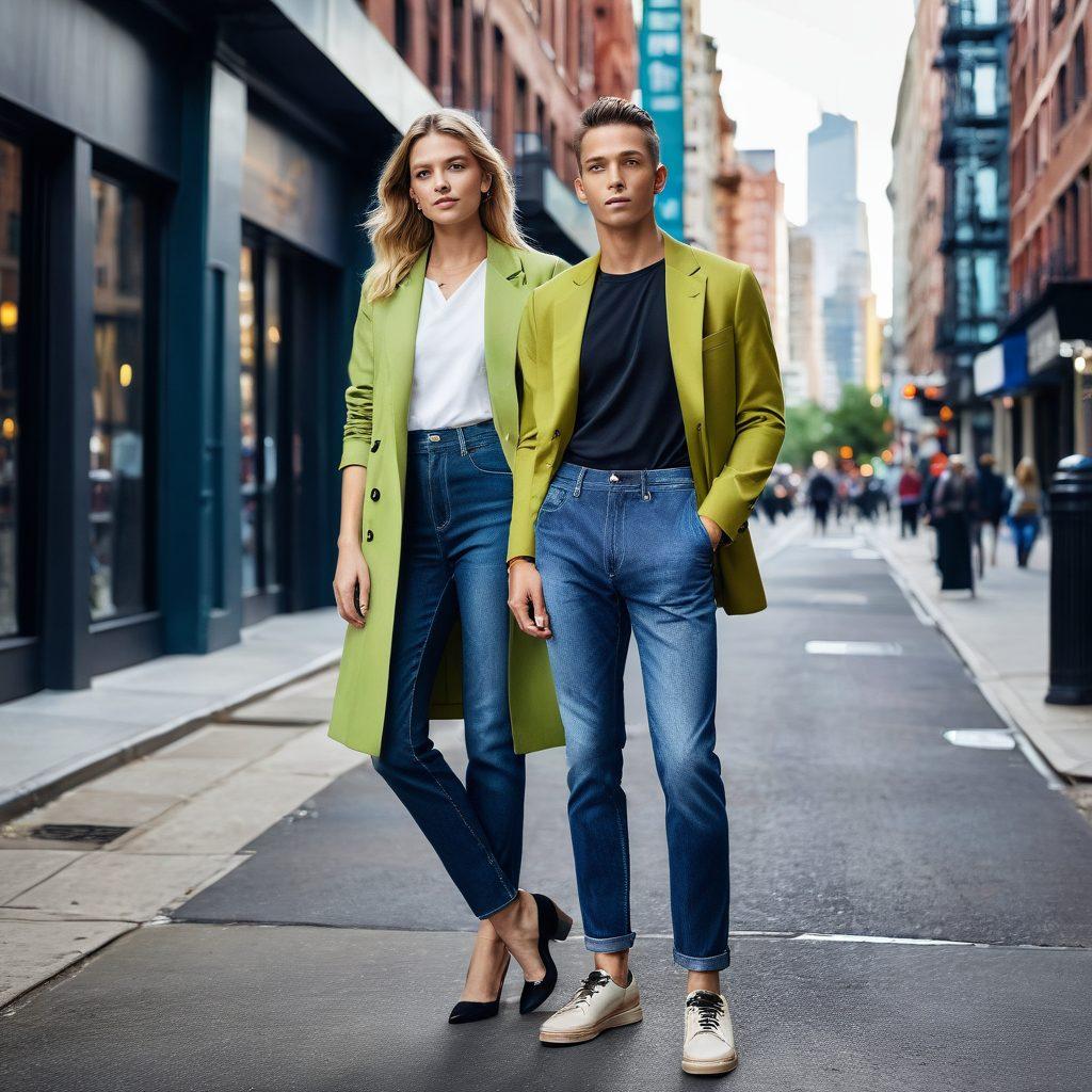 A stylishly dressed individual showcasing a seamless transition from casual wear to elegant attire, standing against a vibrant city backdrop. Showcase a split-image effect, one side featuring relaxed denim and a tee, the other side showcasing a chic dress or tailored suit. Use soft lighting to highlight the textures of the clothing, with fashion accessories enhancing the look. Include hints of greenery and urban elements to create an inviting atmosphere. super-realistic. vibrant colors. urban background.