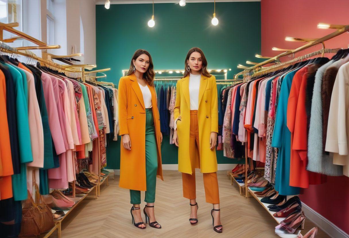 A stylish woman confidently showcasing various outfits for different occasions, surrounded by chic accessories and trendy shoes. The background features a vibrant fashion boutique with colorful clothing racks and mirrors. Include elements like a shopping bag and a fashion magazine to emphasize the theme. The scene radiates confidence and creativity. super-realistic. vibrant colors. elegant background.